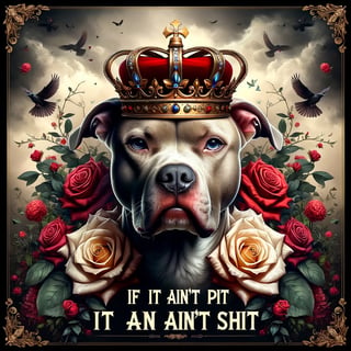 White Pitbull with Crown and Roses