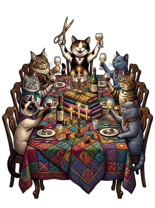 Elegant Cats at Quilt-Draped Table