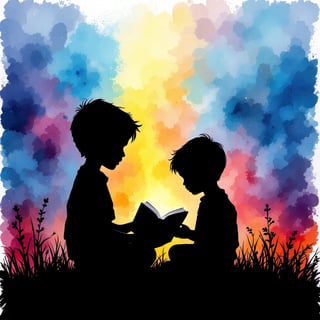 Silhouette of Boys Reading Together