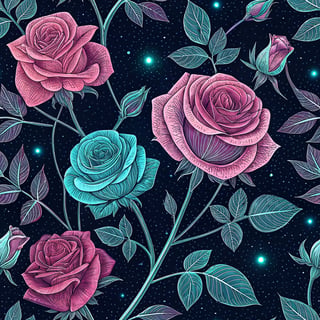 Neon Wireframe Roses Pattern