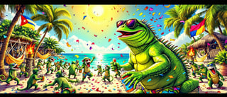 Tropical Beach Party with Cartoon Iguanas
