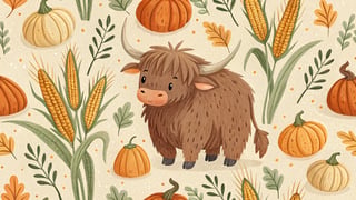 Cute Highland Cow with Fall Harvest