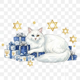Turkish Angora Cat with Hanukkah Gifts
