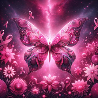 Pink Butterfly in Cosmic Floral Scene