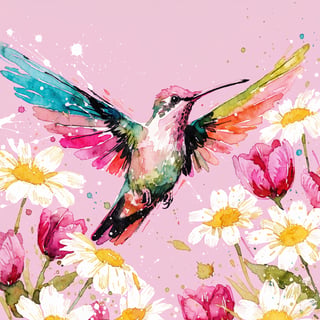 Watercolor Hummingbird and Flowers