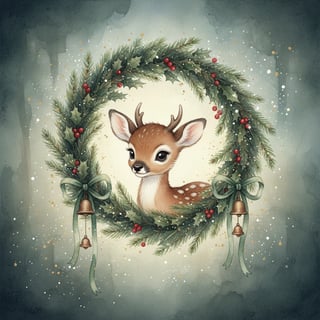 Watercolor Baby Deer in Christmas Wreath