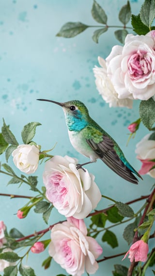 Watercolor Hummingbird with Pink Roses