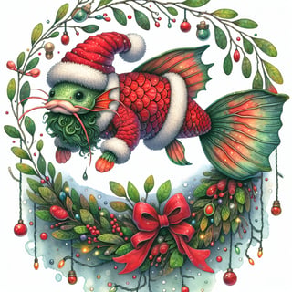 Catfish in Santa Suit Watercolor Art