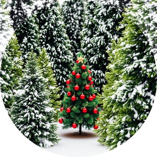 Snowy Green Spruce Trees with Decorated Christmas Tree