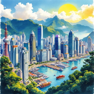Hong Kong Ink and Watercolor Poster