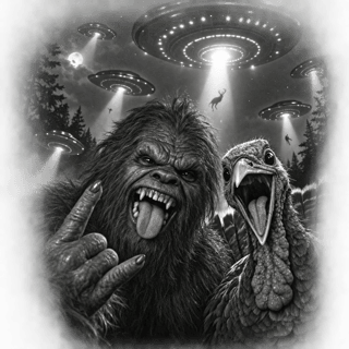 Greyscale Bigfoot & Turkey UFO Invasion