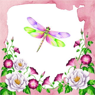 Watercolor Illustration of Dragonfly and Flowers