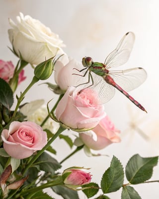 Photorealistic Dragonfly with Roses