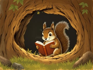 Squirrel Reading in Tree Hollow