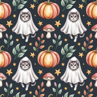 Watercolor Cats in Ghost Costumes Pattern