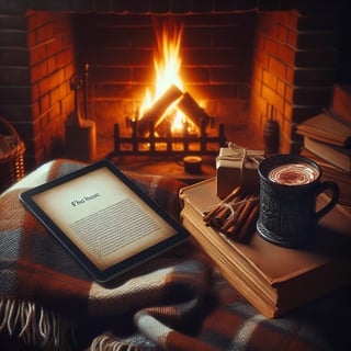 Cozy Fireplace Setup with Book and Cocoa