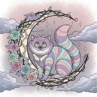 Whimsical Cheshire Cat on Crescent Moon