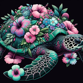 Sea Turtle with Vibrant Floral Mosaic