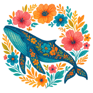 Boho Floral Humpback Whale Illustration