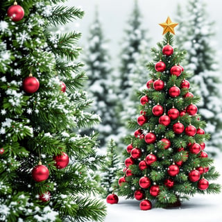 Snowy Green Spruce Trees with Decorated Christmas Tree