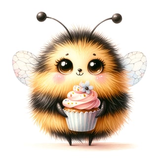 Whimsical Watercolor Bumblebee with Cupcake
