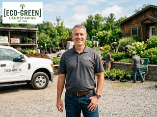 Friendly Landscaping Owner Posing with Logo