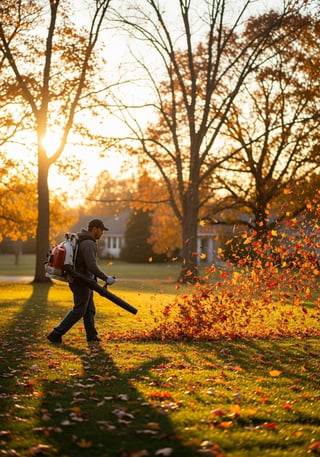 Photorealistic landscaper with leaf blower