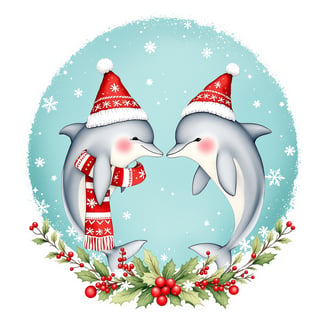 Whimsical Christmas Dolphins Illustration