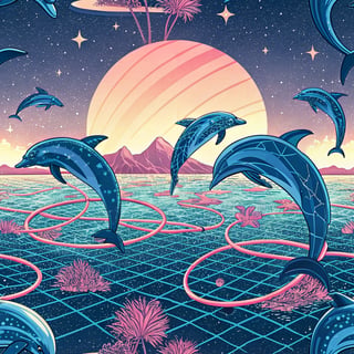 Electric-Blue Dolphins in Synthwave Ocean