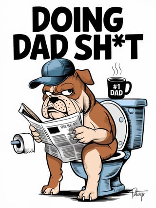 Bulldog Cartoon Reading on Toilet