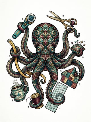 Octopus Quilting Tools Illustration