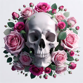 3D Skull with Pink and Magenta Roses