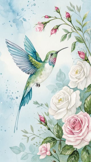 Watercolor Hummingbird with Pink Roses