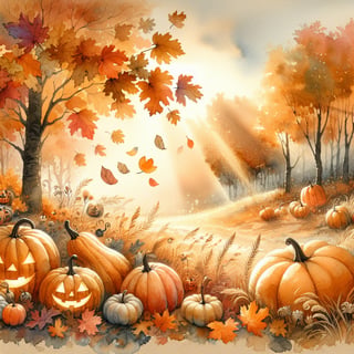 Watercolor Autumn Landscape with Pumpkins