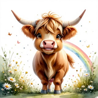Smiling Highland Cow with Daisies