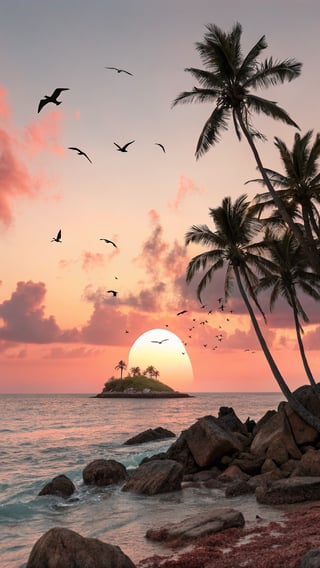 Tropical Sunset Painting with Palm Trees