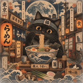 Vintage Japanese Ramen Cat Poster