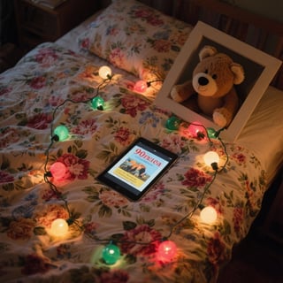 Cozy 90s Floral Bed with Christmas Bulbs