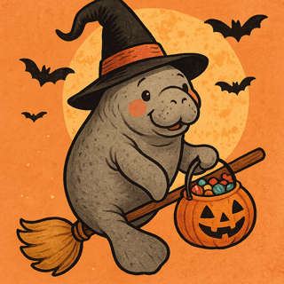 Cute Witch Manatee Halloween Illustration