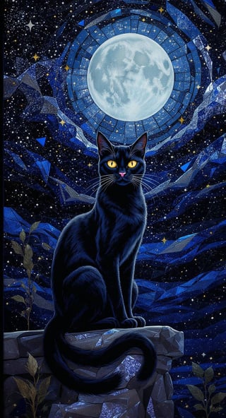 Stained Glass Black Cat Under Starry Sky