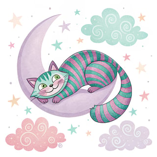 Pastel Cheshire Cat on Crescent Moon