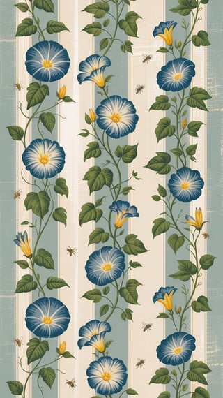 Vintage Blue Floral Stripe Wallpaper