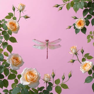 Photorealistic Dragonfly with White Roses