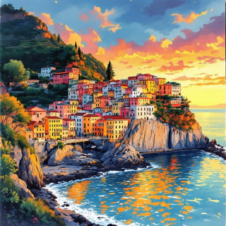 Cinque Terre Ink & Watercolor Poster
