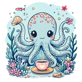 Kawaii Octopus Tea Party T-Shirt Design