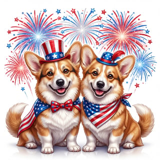 Patriotic Corgi Pair with Fireworks