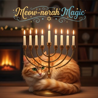 Cute Cat with Menorah and Candles
