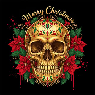 Artistic Christmas Skull with Poinsettias