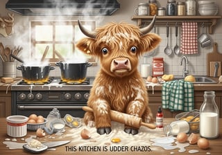Fluffy Highland Calf in Messy Farmhouse Kitchen