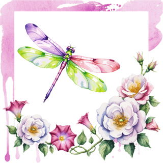 Watercolor Illustration of Dragonfly and Flowers